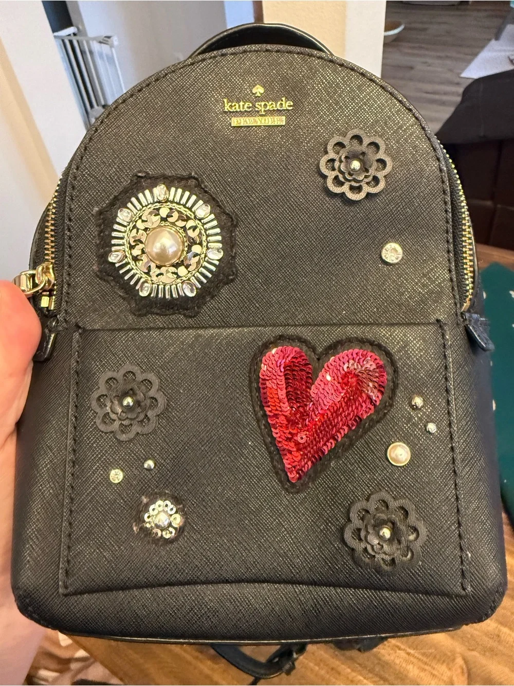 kate spade Black Mini Crossbody with Pink Sequin Heart and Embellishments